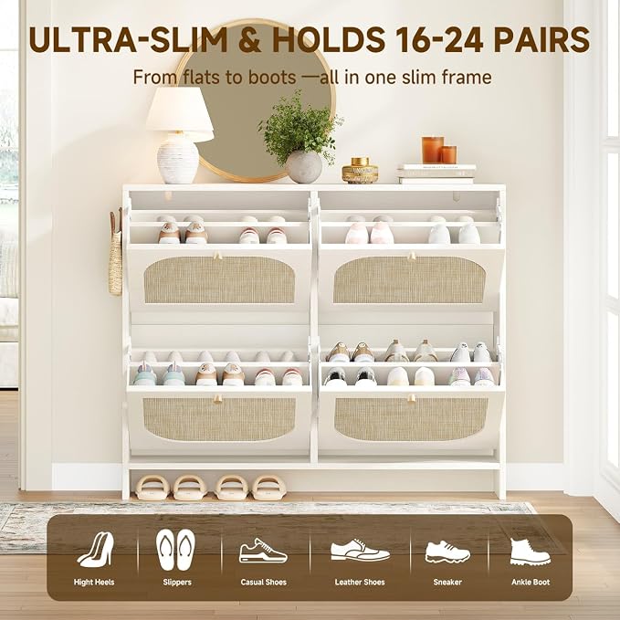 Freestanding Ultra Slim Arched Rattan Accent Shoe Storage Cabinet for Entryway - 4 Flip Drawers & 3-Tier Adjustable Shelves, Farmhouse Modern Rustic Shoe Rack for Hallway Foyer,Cloud White