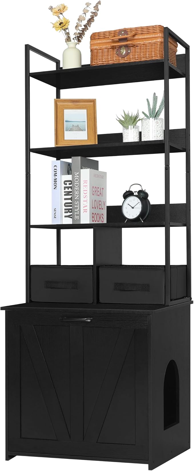 Dwanton Cat Litter Box Enclosure, 3 Storage Shelves and 2 Drawers, 61.8" H | 2-in-1 Hidden Cat Litter Box Enclosure Furniture with Shelf, Metal Frame, Reversible Entrance, Washable Drawers, Black