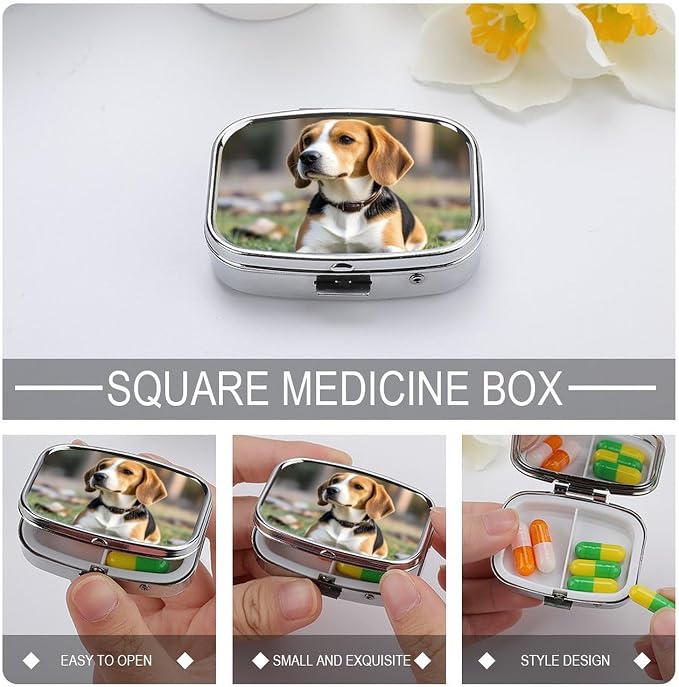 Square Pill Box Ovely Pet Dog Beagle Pill Case 2 Compartment Medicine Pill Organizer for Purse & Pocket Portable Travel Pillbox Medicine Vitamin Cod Liver Oil Storage Box Organizer