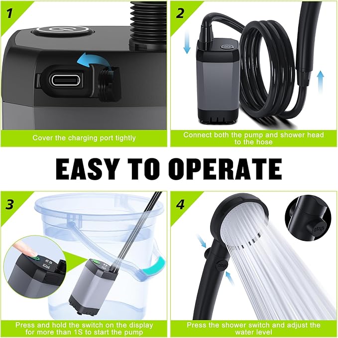 Portable Shower for Camping, [Long-Lasting] 6000mAh Rechargeable | Camping Shower with Intelligent LED Display, 4 Spray Modes, IPX7 Waterproof Outdoor Camp Pump for Hiking, Travel, Car, Pet