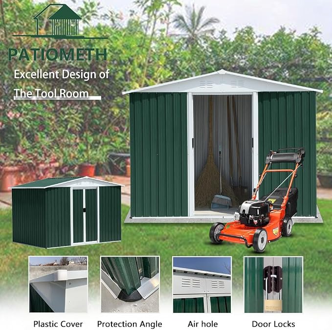 8' x 6' Outdoor Metal Storage Shed Outdoor Shed Galvanized Steel Garden Shed with Sliding Door and Window for Ventilation Storage Sheds House for Backyard Garden（Green）