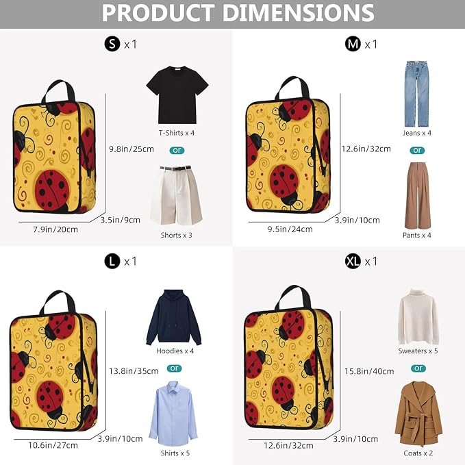4 Set Compression Packing Cubes for Travel | Cute Red Ladybugs Swirls Cube Storage Organizer For Carry On Expandable Space Saver Packing Bags Travel Essentials
