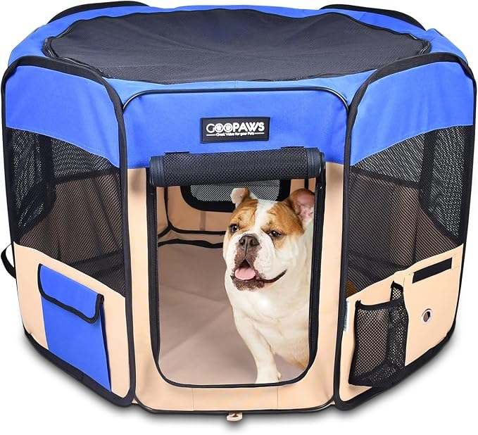 Jespet Soft Dog Playpen, Portable Pet Exercise Pen Kennel with Carry Bag | 2-Door, Easy to Fold, Ground Stakes, Zipper Locks, Large Storage Pocket, Washable Top Mesh Cover & Bottom Cover