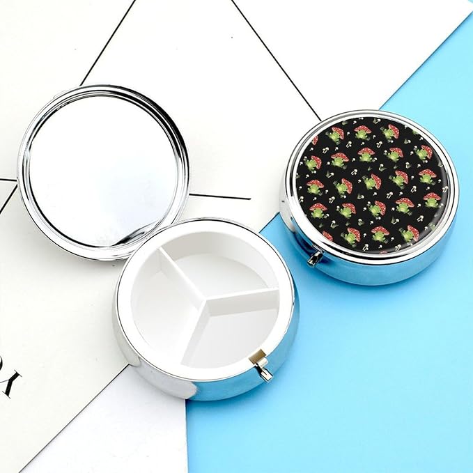Pill Box with Mirror Cute Frogs Cartoon Mushroom Hats Round 3 Compartment, Metal Portable Pill Case for Purse Travel Supplements