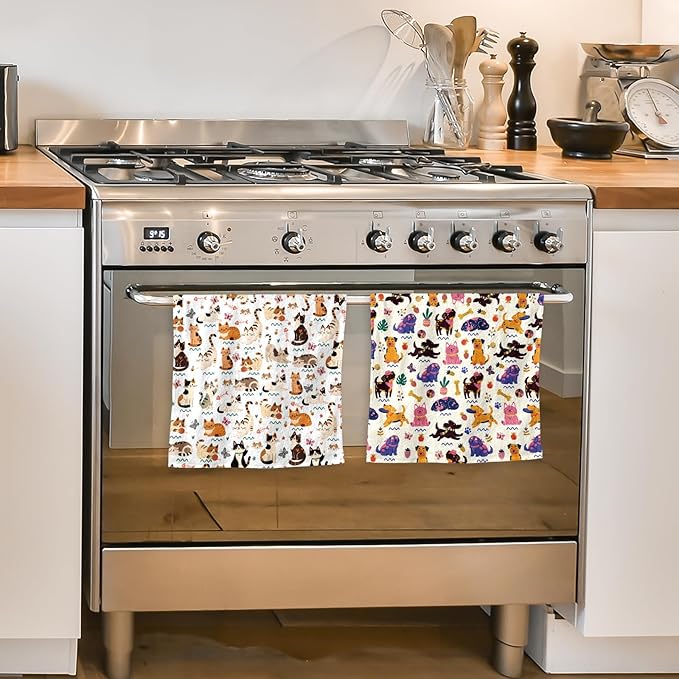Cat Dog Kitchen Towels, 2 Pcs Dogs Dish Towels, Absorbent Dish Towel for Kitchen Drying Dog, Dish Cloths Funny Cute Housewarming Gifts for Women Cats Dogs Lovers