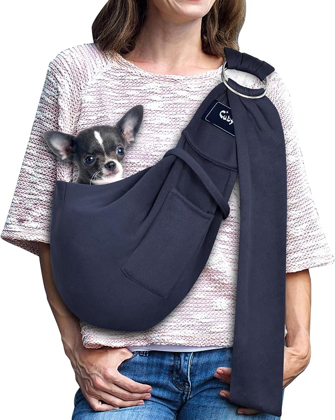 Dog and Cat Sling Carrier - Hands Free Reversible Pet Sling Bag - Ring Sling Adjustable - Suitable for Puppy, Small Dogs Cats Outdoor(Dark Blue)