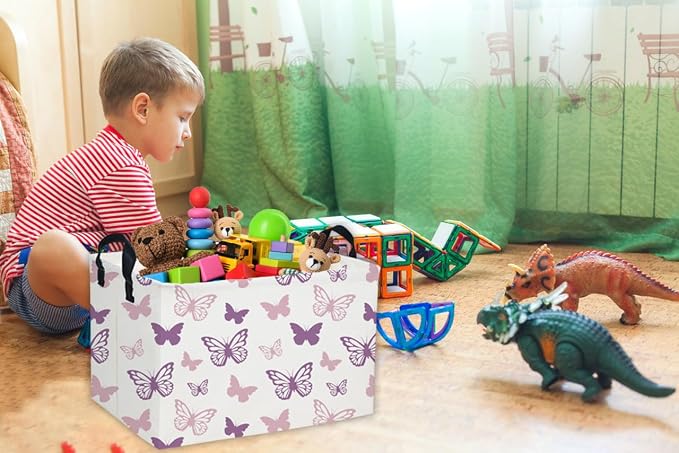 Essme Rectangular Butterfly Baskets,Kids Storage Basket with Handles for Girls Room Decor, Girls Storage Bin（Purple Butterfly）
