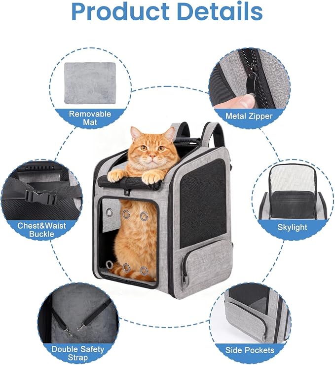 Extra Large Cat Backpack Carrier for Cats Under 30 Lbs | Large Space Pet Backpack Carrier for Dogs Puppies Rabbits Other Animals under 25 Lbs, Great for Travel / Hiking / Outdoor Use