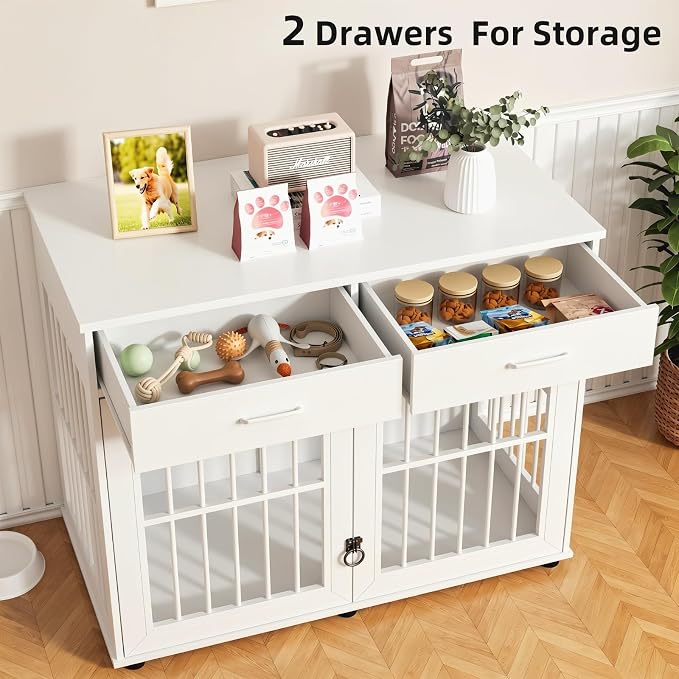 VOWNER 43.3" Large Dog Crate Furniture with 2 Drawers, White | Wooden Dog Kennel Furniture End Table with 3 Doors, XL Dog Kennel Indoor with Storage, Dog Cage TV Stand for Large Medium Dog