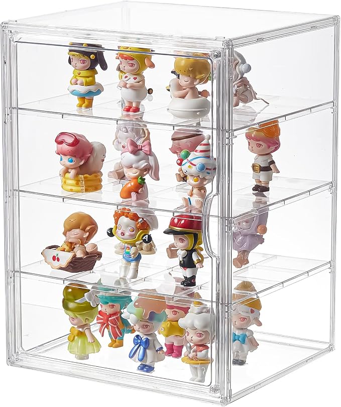 4 Tiers Clear Acrylic Display Case, Plastic Storage Bins with 3 Adjustable Divider and Magnetic Door,Stackable Display Box for Figures Showcase (XXL-4 Tier-1 Pack)