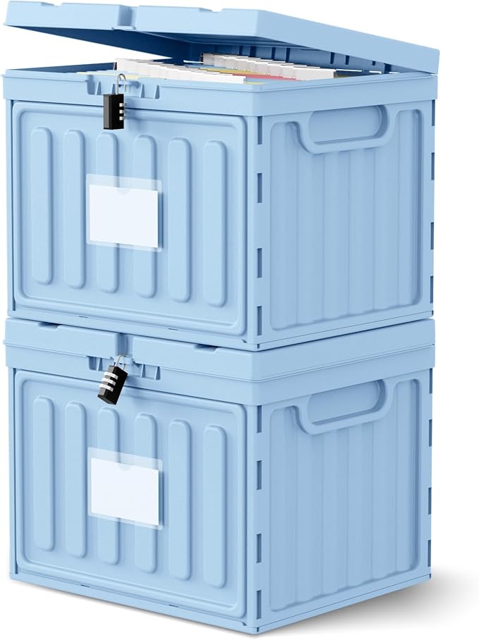 Oterri Lockable Stackable Plastic File Box with Lid for Letter-Size | Hanging File Folders Not Included. Blue, Large 2-Pack. Home, Office, Classroom, Dorm, Tax, Under Bed, Filing Cabinet.