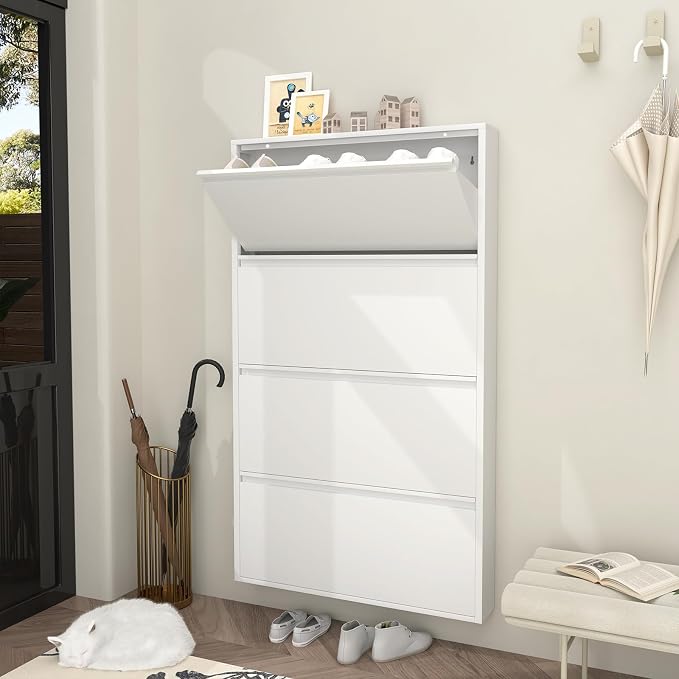 GREATMEET Shoe Rack for Closet, 6 Inch Slim Wall Mounted Shoe Cabinet, Narrow White Hidden Metal Shoe Storage with 4 Flip Drawers, Tall 57 Inch Steel Organizer Rack for Entryway Hallway Small Spaces