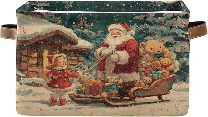 White Christmas Santa Claus Pattern Rectangular Storage Bin Basket with Handles - Organizer Bin for Clothes Books Laundry Basket for Pets Playroom