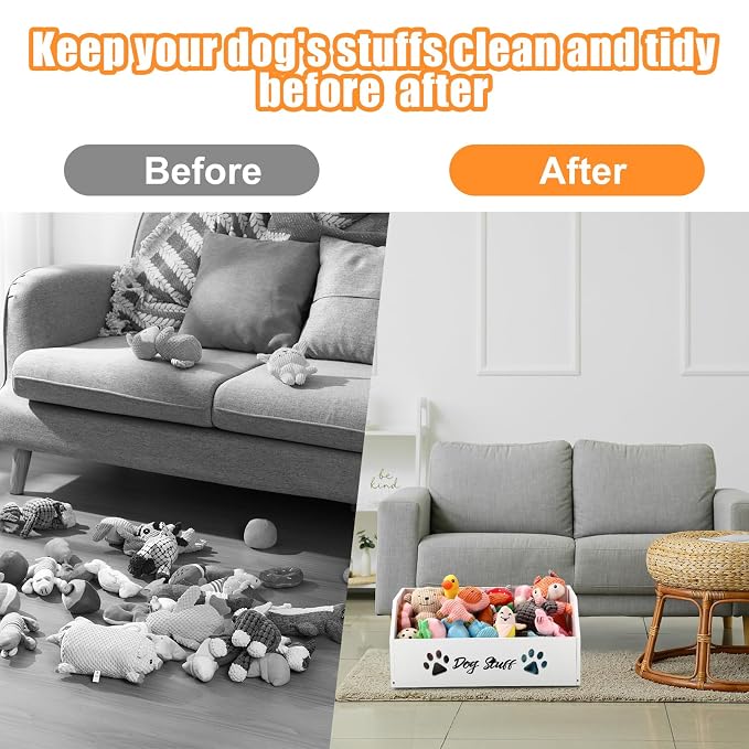 Leinuosen Large Dog Toy Bin Basket, 20 Inch Large Stuff Toy Storage Basket Bin with Bone Handle Cutout Pattern Pine Container for Organizing and Storage Dog Leash Chew Toys(White, Undivided)