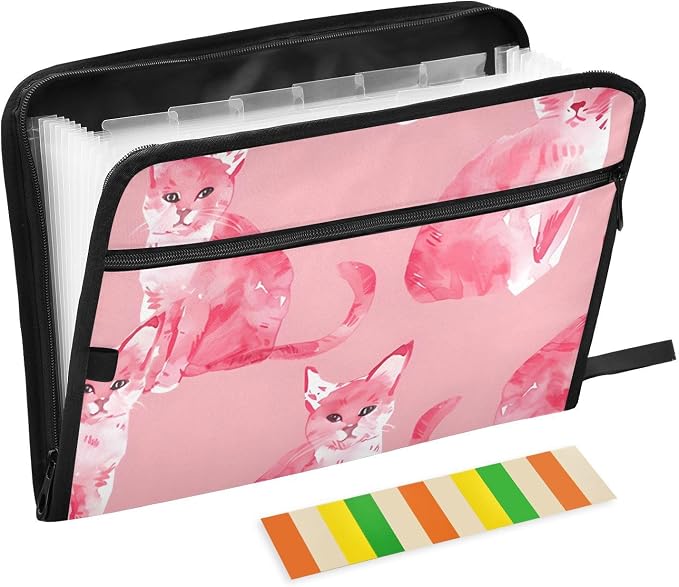 Expanding File Folder Cat Pink Pet Accordion File Organizer 13 Pockets Document Organizer with Zipper Labels A4 Letter Office Storage