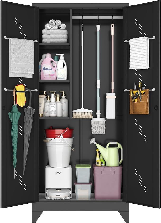 Metal Storage Cabinet, 75" Cleaning Tool Cabinet with Locking Door, Tall Storage Sheds Tool Organizer, Large Broom Cabinet for Bathroom, Laundry Room, Kitchen, Pantry, and Humid Environments