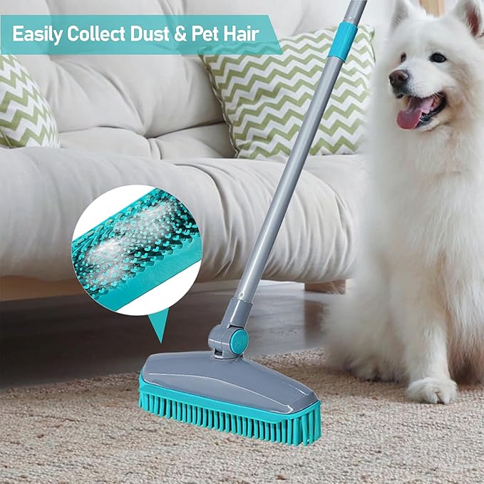 180°Rotating Head Rubber Broom with Squeegee for Pet Hair Removal - 51" Iron Handle Fur Remover Rake Brush for Carpet, Hardwood & Tile Floors, Includes Pet Hair Removal Gloves (Blue)