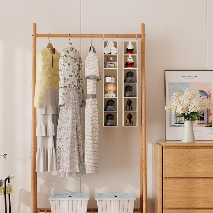 Hanging Closet Shelf Shoe Organizer Set of 2 with Woven Bamboo Shelves,11.5 x 31.5 x 5.5 in, 6-Tier Design for Space-Saving Storage,Beige