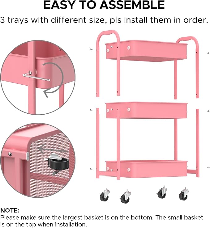 MAX Houser 3-Tier Rolling Utility Cart with Caster Wheels,Easy Assembly, for Kitchen, Bathroom (Pink) | Easy Assembly, multi-purpose storage trolley for kitchen, rolling cart with smooth caster wheels for bathroom