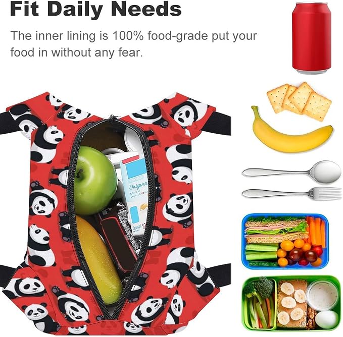 Fashion Insulated Lunch Bag, Bear Panda Red | Lunch Tote Bag, for Work Picnic, Leakproof Cooler Bags, with Sturdy Zipper and Handle, for Women Men