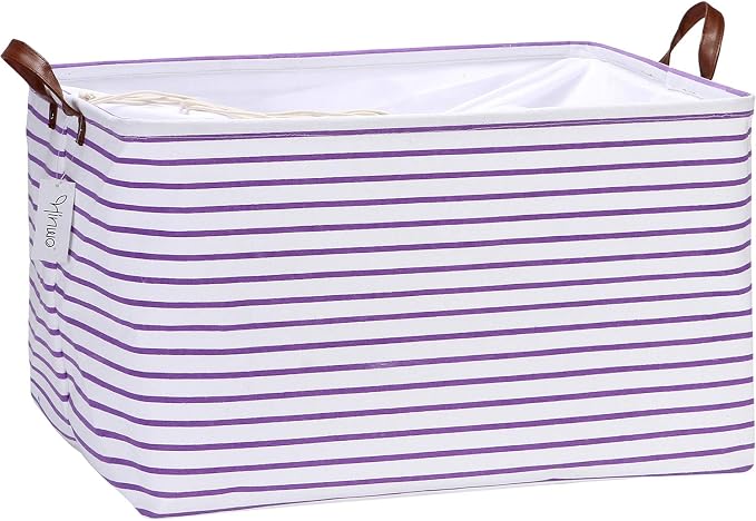 Hinwo 70L Extra Large Canvas Storage Bin with Lid and Handles | Collapsible Fabric Basket, Closet Shelf Organizer, Container for Clothing, Blankets, Toys, Bedding (Purple Stripe)