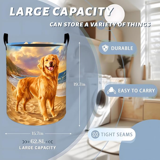 Golden Retriever Laundry Basket, Pet Dog Beach Ocean Storage Hamper, Round Collapsible Waterproof Cloth Bin, 19.7x15.7 Inch Realistic Puppy Clothes Organizer Gifts for Bathroom Decor
