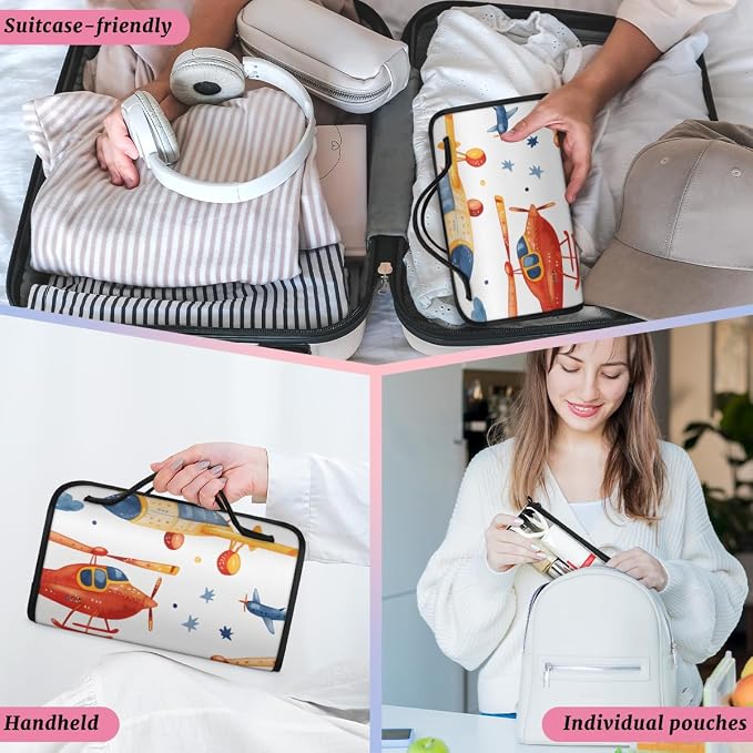 Airplane Makeup Bag for Women Hanging Roll-Up Travel Organizer Toiletry Kit with 4 Removable Compartments, Cartoon