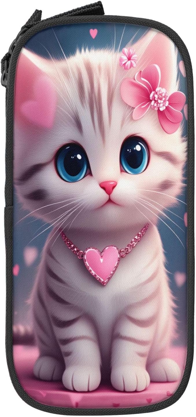 Cartoon Cat Cute Pencil Pouch, Oxford Cloth Pen Case With Double Zipper Compartments, Portable Stationery Organizer For Office Supplies, Travel Accessories Makeup Items