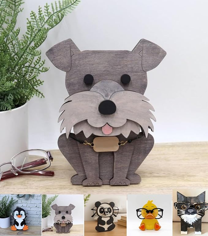 Dog Eyeglass Holder Stand, Wooden Glasses Organizer for Desk Decor | Cute animal glasses holder for eyeglasses and sunglasses, wooden dog desk organizer for nightstand, office or gifting