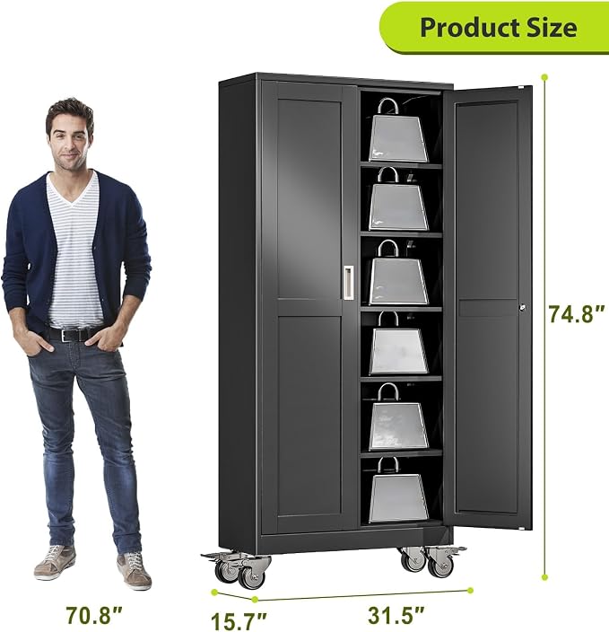 75-Inch Metal Garage Storage Cabinet with Wheels, Locking Doors and Shelves | 5 Adjustable Shelves, Locking Doors, Magnetic Closure, 360° Casters, Anti-Tip Kit, Cold-Rolled Steel