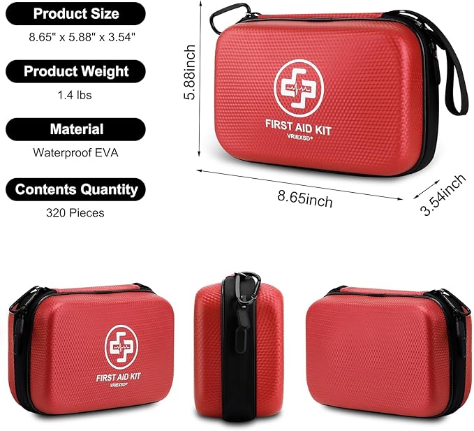 VRIEXSD Premium 320-Piece First Aid Kit, Waterproof EVA Hard Shell Case,Red | Compact Design Emergency Medical Kits with Comprehensive Supplies For Home, Camping, Car, Hiking, Travel, Businesses, Outdoor