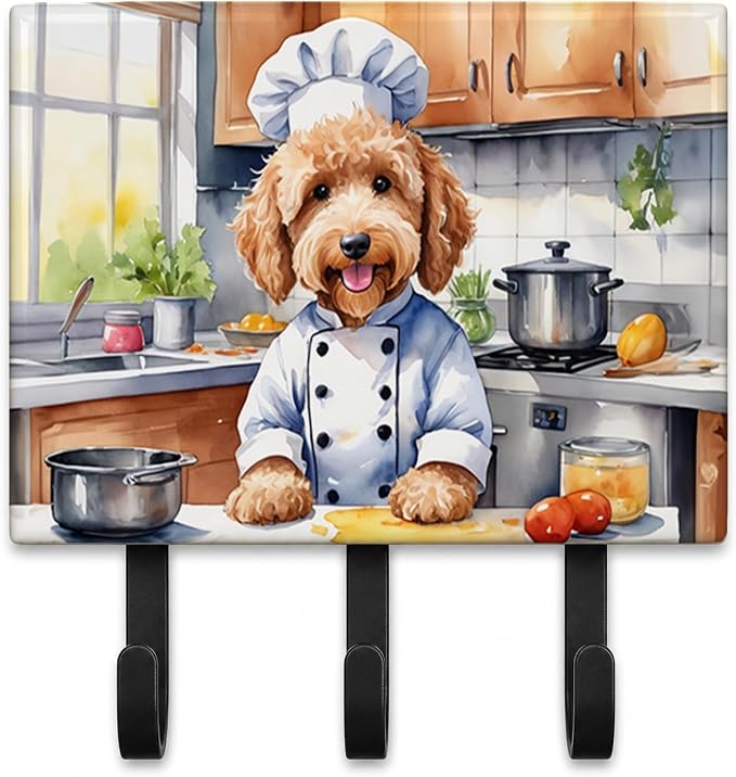 Caroline's Treasures Goldendoodle The Chef Leash or Key Holder Wall Hooks, Key Hooks Holder, Coat Rack Wall Mount, Coat Hooks, Hooks for Hanging Keys, Towels, Aprons, Leashes | Goldendoodle The Chef artwork on ceramic tile with three steel hooks for ke...