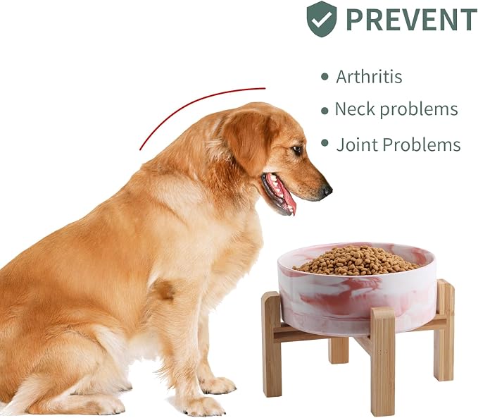 Elevated/Raised Dog Bowl Ceramic with Wood Stand for Small Medium Breed,Dog Food Water Dish Heavy, 6 in Non Slip Modern Cute Porcelain Pet Bowl Marble Pink