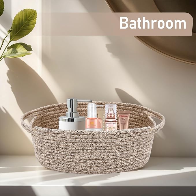 JMvicyroam Small Woven Basket, Empty Gift Basket, Oatmeal/3 Pack | Small Gift Basket, Cotton Rope, 12 x 8 x 14 in, Handles, Includes Ribbon and Bag, Birthday Gift Basket