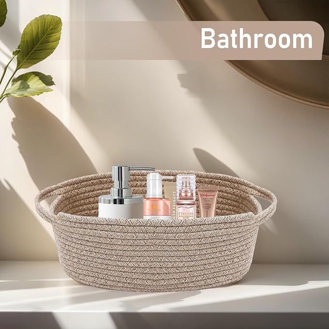 JMvicyroam Small Woven Basket, Empty Gift Basket, Oatmeal/1 Pack | Small Gift Basket, Cotton Rope, 12 x 8 x 12 in, Handles, Includes Ribbon and Bag, Birthday Gift Basket