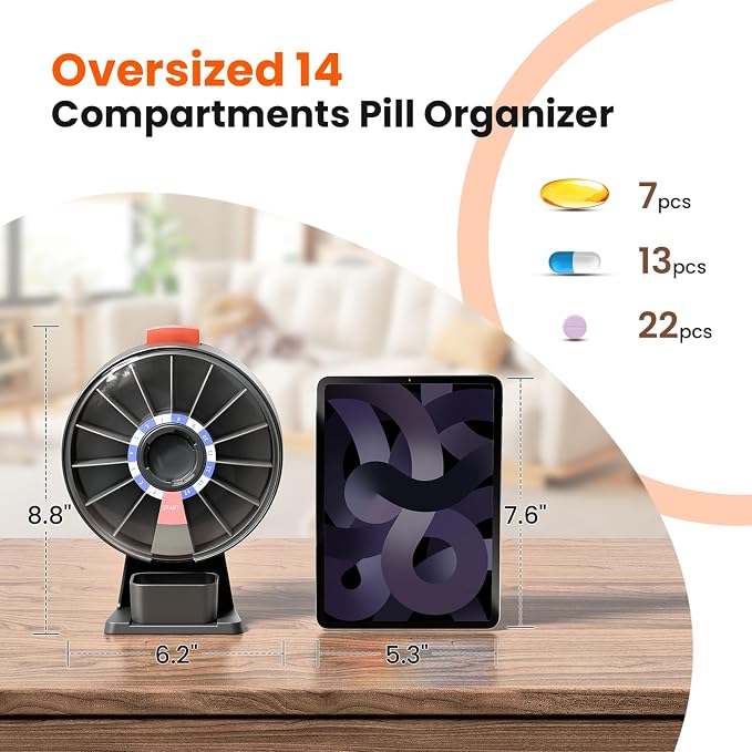 Odaro Large Weekly Pill Dispenser 7 Day Am Pm, Easy One Button, Gray | Daily Medicine Pill Organizer, Large Compartments, Wall & Counter Mount, Easy Use, Easy Refill, Sturdy Hard Plastic