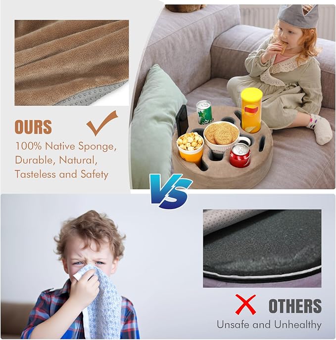 INNO STAGE Couch Cup Holder Pillow | Sofa Caddy Buddy Cupholder Organizer, for Bed Rv Tv Car Man Cave Remote Snacks Drink, Gift for Couch Potato, Light Brown