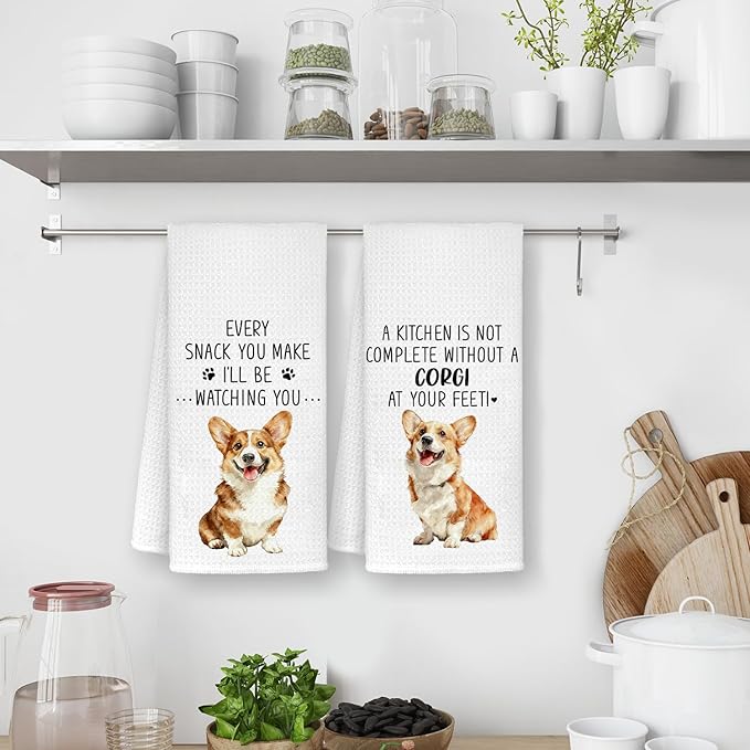Chef Kitchen Towels Set of 2, Dog Mom Gifts for Women, Corgi Gifts Hand Towels, Gift for Corgi Lovers Dish Towels Dishcloths Tea Towels for Kitchen, 16x24 Inch