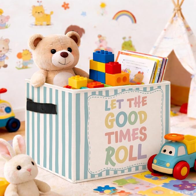 Good Times Storage Bin, Foldable Fabric Basket for BedRoom Classroom | Foldable fabric storage bin with blue stripe design for toys, books, clothes, nursery, classroom, and playroom use.