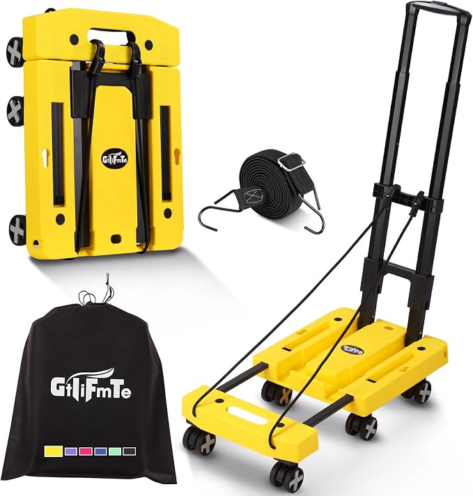 GtIiFmTe Foldable Hand Truck, Lightweight Luggage Cart for Airport Car Seat | Compact Folding dolly with Rotating swivel wheel,storage size12×15.7×4.1",300lbs Load,Upright Lock Handle with 3bungee cords