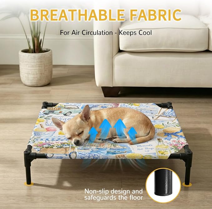 Summer Village Elevated Dog Bed, Coastal Blue Flowers Cart Yellow Lemons Starfish Outdoor Raised Pet Bed for Dogs Cats, Portable Breathable Cooling Waterproof Pet Cot 20x20 Inch
