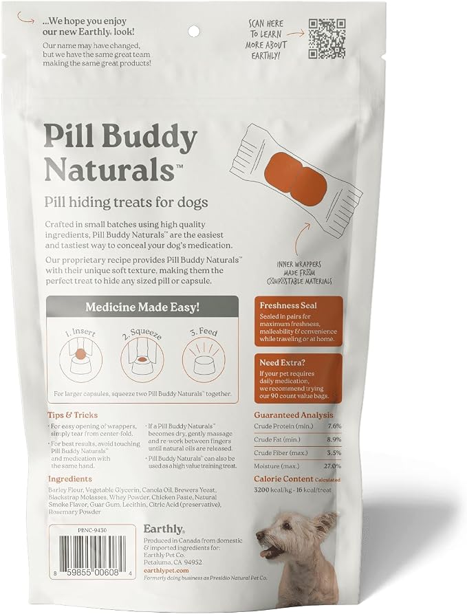 Presidio Earthly Pill Buddy Naturals - Chicken Recipe Pill Hiding Treats for Dogs - Make A Perfect Pill Concealing Pocket Or Pouch - 30 Servings