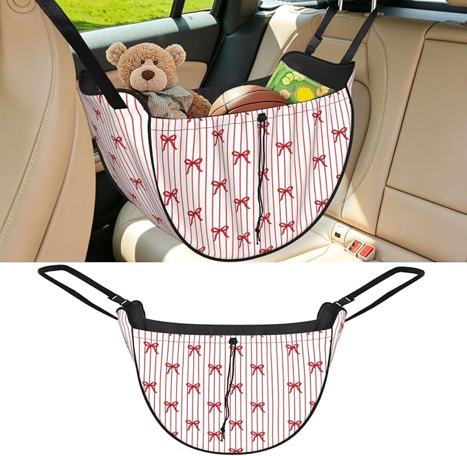 Luxury Red Bow Stripe Car Seat Organizer Backseat Storage Bag, Large Waterproof Vehicle Organizer With Adjustable Straps For Gear Essentials, Fits Most Cars