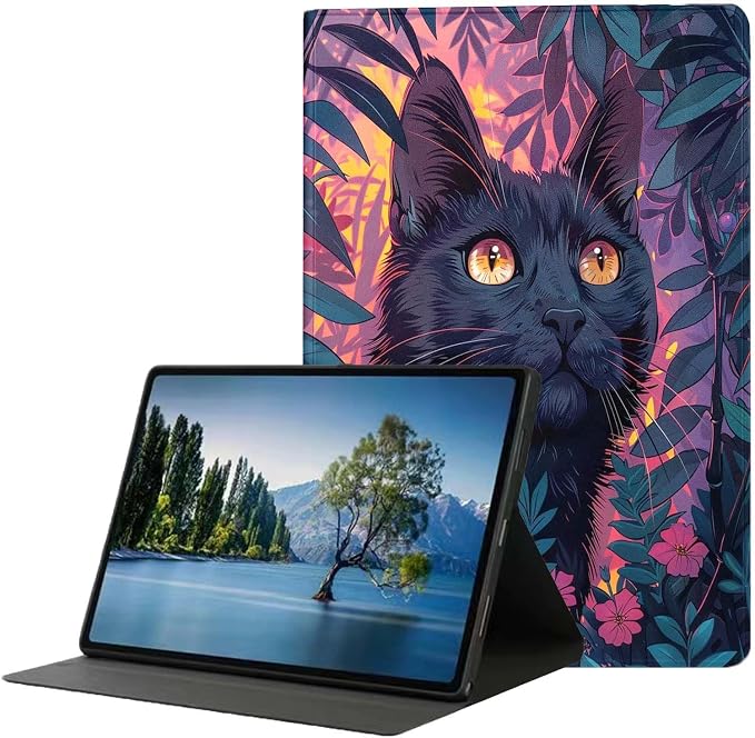 for Samsung Galaxy Tab S9 Plus/S9 FE Plus 5G 12.4 Inch 2023 Tablet Case,Premium Leather Folio Stand Auto Wake/Sleep,Multiple Viewing Stand,Black Cat Grass