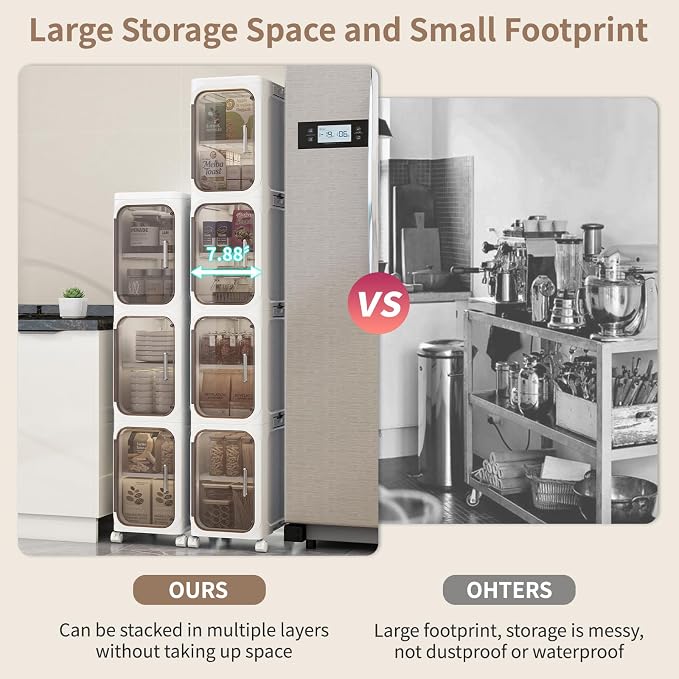 5 Tier Slim Bathroom Storage Cabinet, Foldable and Movable, White | Tools Free, ABS and PET, Magnetic Clear Door, Adjustable Shelves, Lockable Wheels, Water Resistant, For Narrow Space