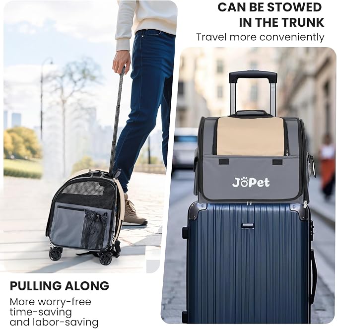 Pet Bag Carrier with Wheels, Pet Backpack with Wheels, Small Dog Carrier, cat Carrier, Detachable Wheels, Travel Bag, Pet Trolley, Soft Sided Carrier with Wheels, Foldable Carrier (Oat Grey)