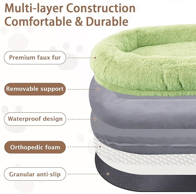 ROOMTEC Human Dog Bed, 78''x51''x12'' Size Fits Adult and Pet Washable Giant People Bed 10 CM Thick Memory Foam Large Oversize Pet Bed with Plump Pillow, Blanket, Strap - Green