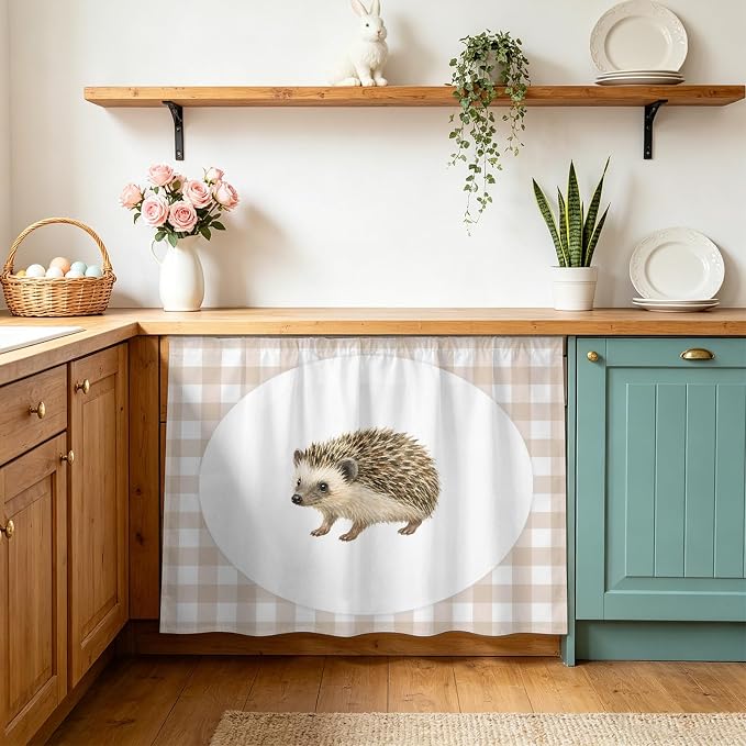 Hedgehog Oven Skirt Curtain for Kitchen Decor 28"x35", Modern Farmhouse Linen Checked Animal Self Adhesive Stove Curtains Skirt Cabinet Curtains for Bathroom Laundry Room