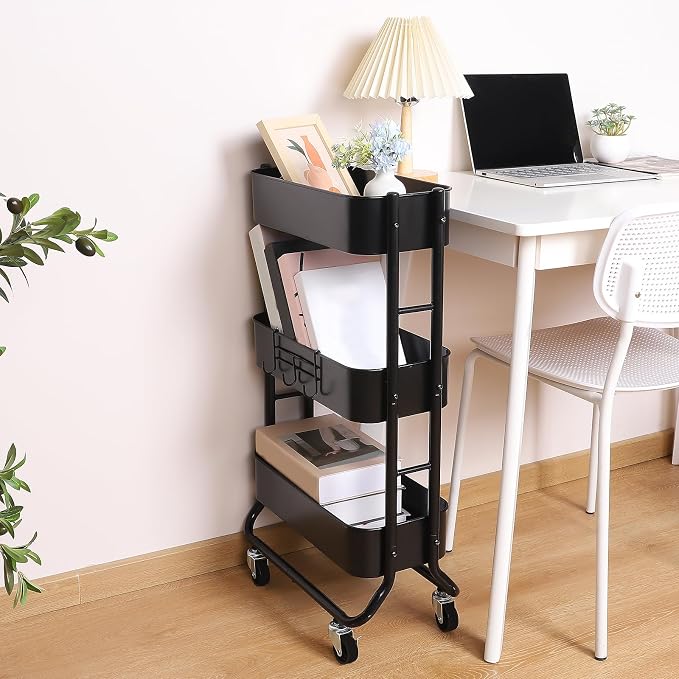 MAX Houser Slim 3-Tier Rolling Utility Cart with Extra Hook, Black | Narrow Metal Bathroom Storage Multifunctional Organizer Carts with Wheels with Extra Hook, Laundry Room,Kitchen,Small Space