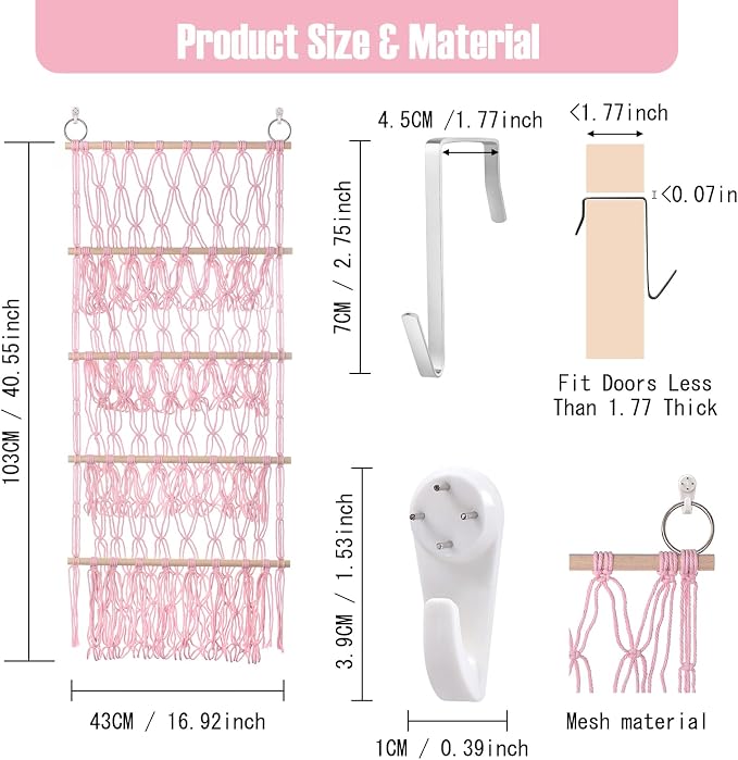 Stuffed Animal Net or Hammock Large Plushie Net Corner 4 Layer Toy Storage | Handmade Stuffed Animal Hammock Net with Boho Macrame Design Corner Organized Saves Space Holder Hanging for Plush Toys Pink